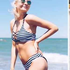 Cupshe Bikini Set Draw A Parallel Navy And White Striped 2 Piece Swim Suit